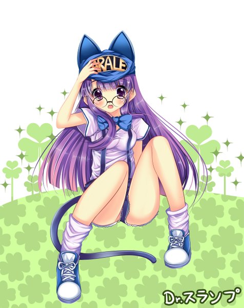 Anime picture 1985x2500 with dr. slump toei animation norimaki arale usagihime long hair tall image highres light erotic sitting purple eyes animal ears purple hair tail girl hat glasses