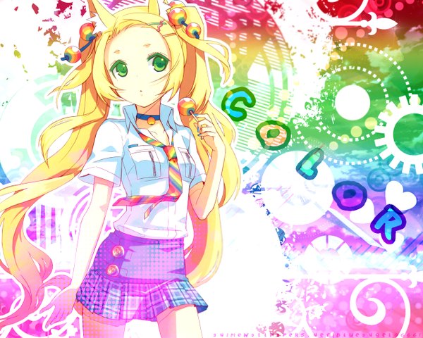 Anime picture 1280x1024 with original h2so4 single long hair open mouth blonde hair twintails green eyes animal ears looking away nail polish open collar abstract multicolored girl skirt hair ornament shirt necktie collar