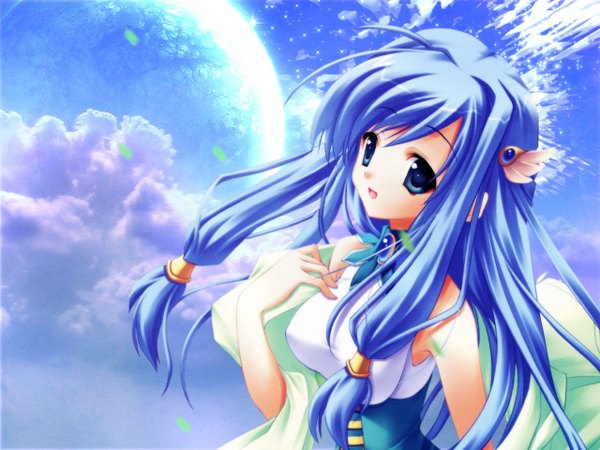 Anime picture 1280x960 with majokko a la mode majokko a la mode ii hikari to yami no etranger mireille brilliant single long hair blue eyes blue hair sky girl