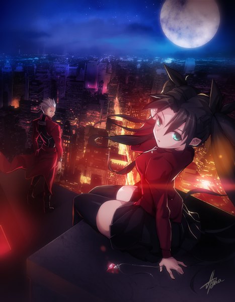 Anime picture 1000x1284 with fate (series) fate/stay night type-moon toosaka rin archer (fate) ha-gha long hair tall image short hair blue eyes black hair standing sitting twintails bent knee (knees) white hair pleated skirt looking back wind night