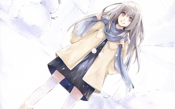 Anime picture 4000x2500 with 11 eyes doga kobo momono shiori long hair highres open mouth blonde hair wide image green eyes absurdres grey hair snowing winter snow girl thighhighs dress jacket scarf snowman