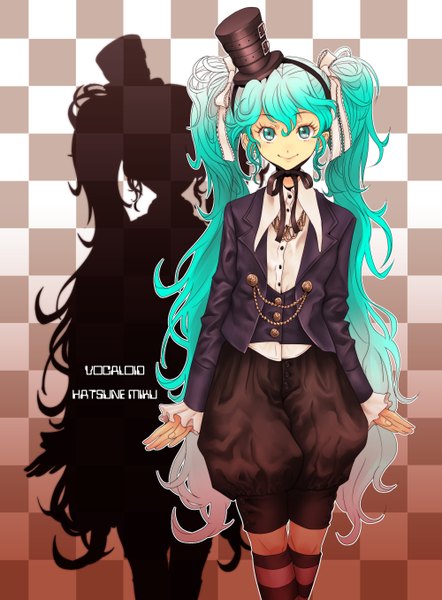 Anime picture 2000x2711 with vocaloid hatsune miku boyaking(sbf) long hair tall image highres smile twintails aqua eyes aqua hair shadow wavy hair checkered background girl thighhighs ribbon (ribbons) hair ribbon hat striped thighhighs suit