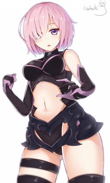 Anime picture 900x1500 with fate (series) fate/grand order mash kyrielight nahaki single tall image looking at viewer blush fringe short hair breasts open mouth light erotic simple background standing purple eyes signed pink hair hair over one eye from below