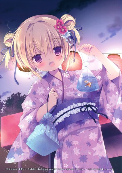 Anime picture 2331x3300 with original miyasaka miyu single tall image looking at viewer blush highres short hair open mouth blonde hair purple eyes traditional clothes japanese clothes hair flower scan girl flower (flowers) animal kimono obi