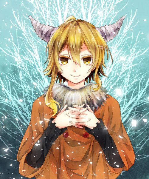 Anime picture 1181x1417 with kagerou project shaft (studio) kisaragi momo tomozero single tall image looking at viewer short hair blonde hair smile yellow eyes horn (horns) winter bare tree 2015 girl plant (plants) tree (trees) fur coat