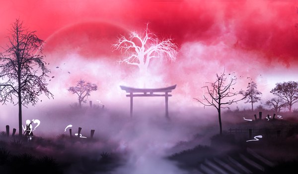 Anime picture 1700x1000 with touhou konpaku youmu myon akyuun single short hair wide image standing sky wind short sleeves bare tree fog red sky girl skirt plant (plants) tree (trees) grass vest