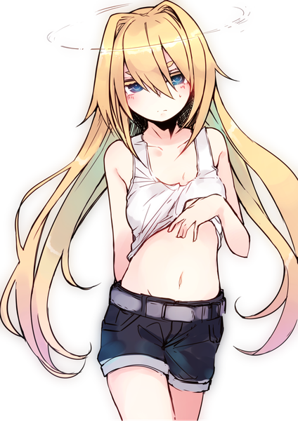 Anime picture 1000x1415 with original otokuyou single long hair tall image looking at viewer blush fringe blue eyes light erotic simple background blonde hair standing white background bare shoulders multicolored hair green hair bare belly gradient hair eyebrows