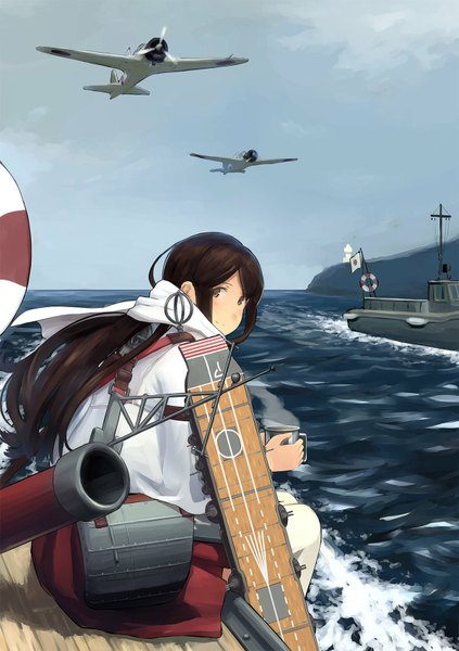 Anime picture 1200x1700 with kantai collection akagi aircraft carrier shibafu (glock23) single long hair tall image looking at viewer smile brown hair sitting brown eyes sky scan horizon steam girl thighhighs white thighhighs scarf sea