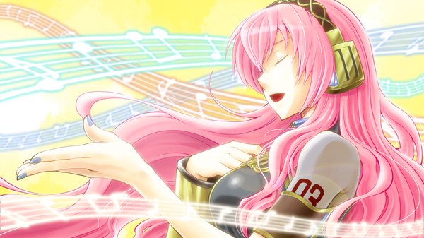 Anime picture 1920x1080 with vocaloid megurine luka single long hair highres wide image pink hair eyes closed nail polish singing girl headphones musical note