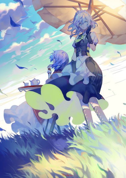 Anime picture 724x1023 with touhou remilia scarlet izayoi sakuya yamakawa long hair tall image looking at viewer short hair blue eyes standing sitting multiple girls signed sky silver hair purple hair cloud (clouds) outdoors braid (braids) wind