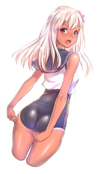 Anime picture 578x1000 with kantai collection ro-500 submarine zucchini single long hair tall image looking at viewer blush fringe open mouth blue eyes light erotic simple background white background ass white hair looking back hair flower from behind dutch angle