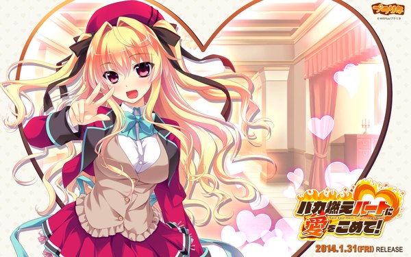 Anime picture 1920x1200 with baka moe heart ni ai wo komete! kamiwazumi chinami single long hair looking at viewer blush fringe highres open mouth blonde hair game cg pink eyes inscription official art wallpaper hieroglyph victory wavy hair girl skirt