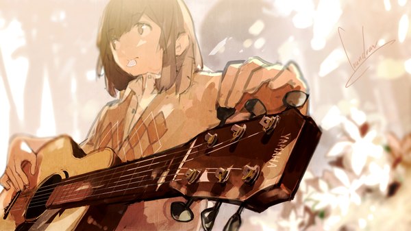 Anime picture 1920x1080 with original loundraw single long hair highres brown hair wide image holding brown eyes signed looking away wallpaper mouth hold girl sweater guitar