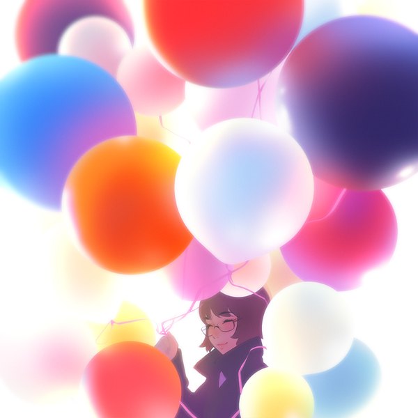 Anime picture 1080x1080 with original ilya kuvshinov single fringe short hair brown hair holding eyes closed happy girl glasses balloon