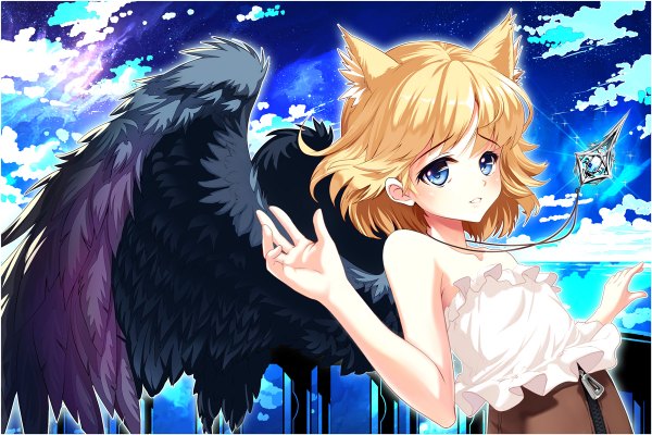 Anime picture 1200x800 with original oceans-art single looking at viewer blush short hair blue eyes bare shoulders animal ears sky cloud (clouds) girl wings pendant