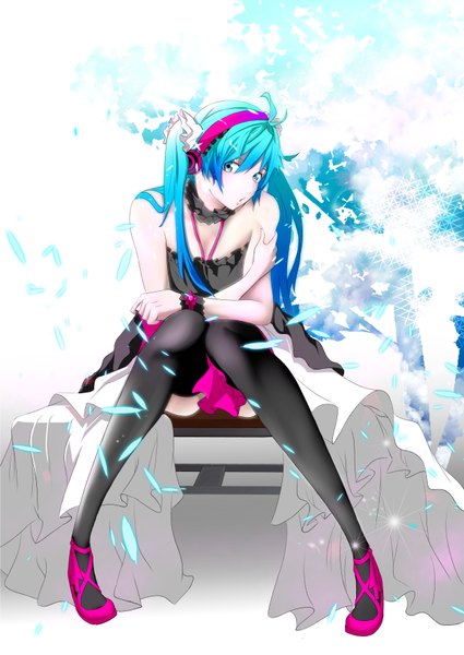 Anime picture 2508x3541 with 7th dragon vocaloid hatsune miku tatsuya (1223496) single long hair tall image looking at viewer blush highres sitting twintails bare shoulders cleavage aqua eyes censored aqua hair crossed arms convenient censoring knees touching