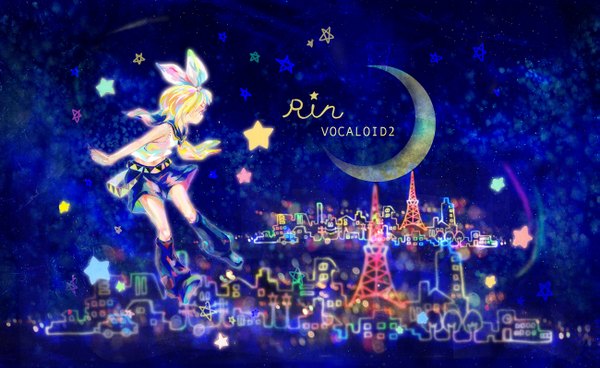 Anime picture 1299x798 with vocaloid kagamine rin ruu214 single short hair blonde hair wide image bare shoulders full body aqua eyes night character names cityscape sailor collar girl hair ornament detached sleeves boots belt headphones