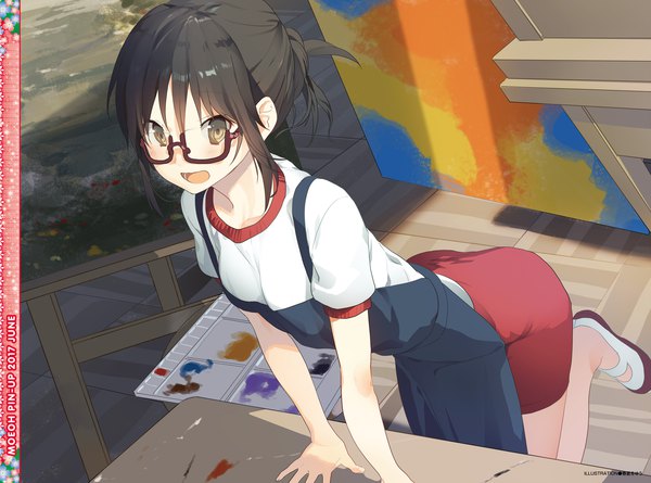 Anime picture 2588x1920 with original akinashi yuu single looking at viewer blush highres short hair open mouth black hair brown eyes from above scan arm support official art leaning leaning forward girl uniform glasses apron