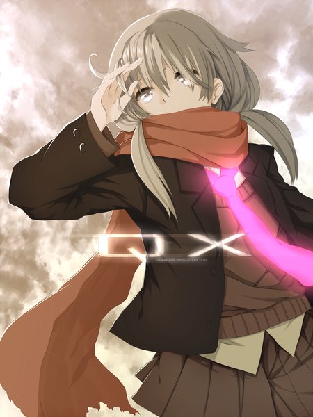 Anime picture 1350x1800 with q x original hews single long hair tall image blush fringe twintails looking away sky silver hair cloud (clouds) hair over one eye open clothes open jacket silver eyes girl skirt hair ornament