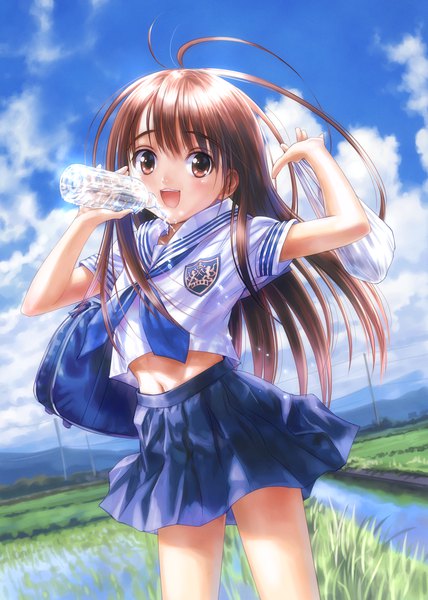 Anime picture 2977x4176 with original goto p single long hair tall image looking at viewer blush fringe highres open mouth smile hair between eyes brown hair standing holding brown eyes sky cloud (clouds) ahoge outdoors
