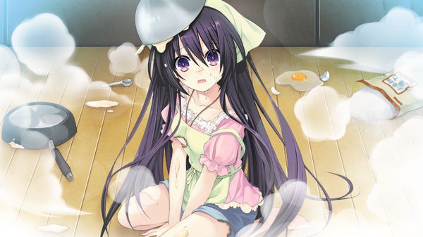 Anime picture 1280x720 with date a live yatogami tooka tsunako single long hair looking at viewer blush open mouth wide image sitting purple eyes game cg purple hair official art smoke between legs floor surprised cooking girl