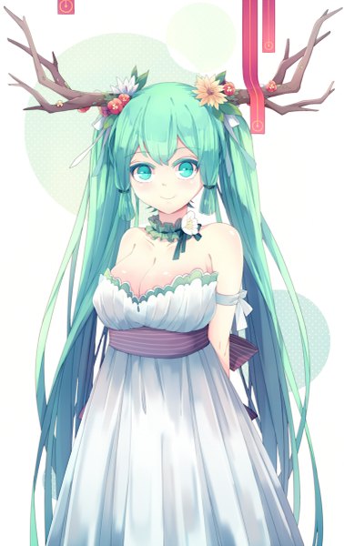 Anime picture 757x1200 with vocaloid hatsune miku lyodi (artist) single tall image looking at viewer smile white background twintails bare shoulders very long hair hair flower horn (horns) aqua eyes aqua hair girl dress hair ornament flower (flowers)