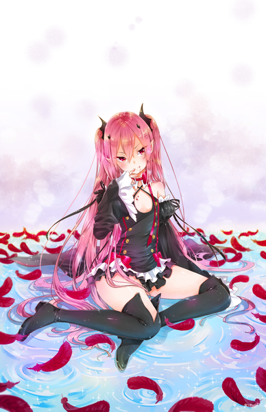 Anime picture 1600x2473 with owari no seraph wit studio kururu tepes bomhat single tall image blush fringe smile red eyes sitting twintails looking away pink hair cleavage bent knee (knees) long sleeves very long hair head tilt pleated skirt