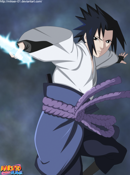 Anime picture 1300x1749 with naruto studio pierrot naruto (series) uchiha sasuke gold-mk single tall image short hair black hair black eyes inscription grey background coloring magic smoke boy weapon