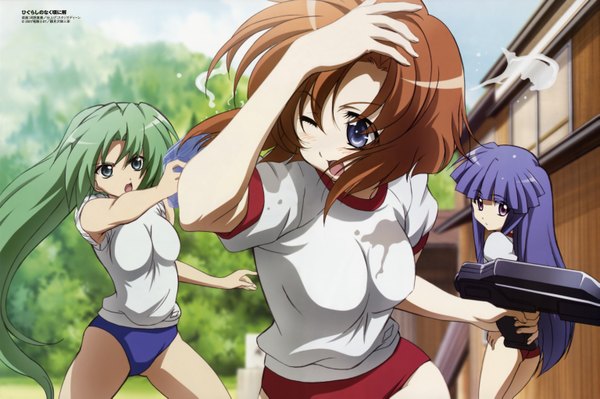 Anime picture 6137x4083 with higurashi no naku koro ni studio deen ryuuguu rena furude rika sonozaki shion kawano maki long hair fringe highres short hair breasts open mouth blue eyes brown hair large breasts standing purple eyes multiple girls holding payot