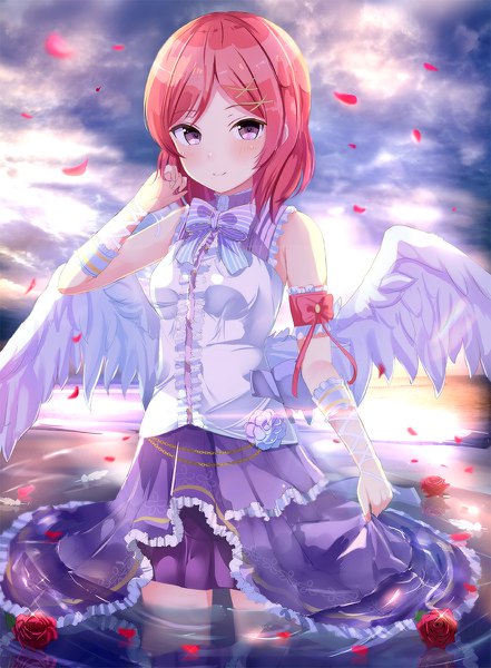 Anime picture 882x1200 with love live! school idol project love live! school idol festival sunrise (studio) love live! nishikino maki morerin single tall image looking at viewer blush short hair breasts smile purple eyes bare shoulders sky cloud (clouds) red hair arm up sunlight