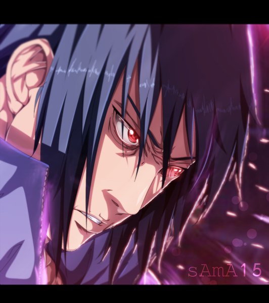 Anime picture 900x1014 with naruto studio pierrot naruto (series) uchiha sasuke sama15 single tall image short hair black hair red eyes purple eyes heterochromia coloring close-up face angry sharingan rinnegan aura boy