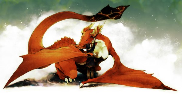 Anime picture 1331x735 with drakengard caim angelus short hair black hair simple background wide image tail horn (horns) back boy wings dragon