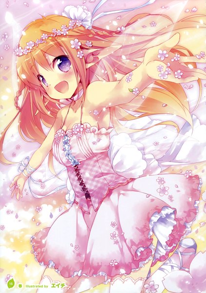 Anime picture 2536x3600 with girls, girls, girls! 10 (artbook) tagme (artist) single long hair tall image looking at viewer blush highres open mouth purple eyes pointy ears scan orange hair official art fantasy fairy girl thighhighs dress flower (flowers)