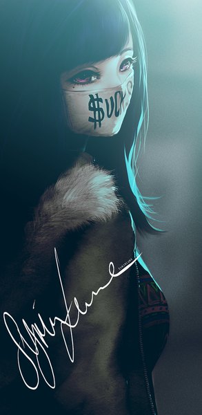 Anime picture 489x1000 with original syrinlune single long hair tall image fringe black hair simple background signed looking away upper body pink eyes grey background mole open jacket fur trim mole under eye girl jacket fur