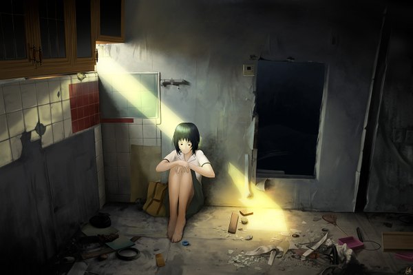 Anime picture 1250x833 with original kanton (artist) single black hair sitting brown eyes light girl skirt uniform school uniform room garbage