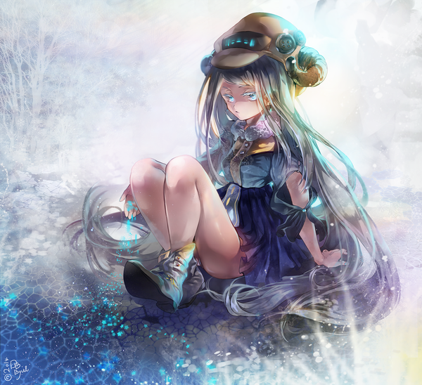 Anime picture 1300x1189 with original salvia single long hair looking at viewer fringe blue eyes blonde hair sitting blue hair bent knee (knees) multicolored hair horn (horns) grey hair girl bow plant (plants) tree (trees) boots fur
