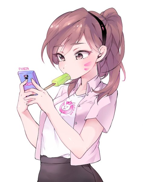 Anime picture 789x1000 with overwatch blizzard entertainment d.va (overwatch) panza single long hair tall image blush fringe simple background brown hair standing white background holding brown eyes signed upper body ponytail short sleeves alternate costume