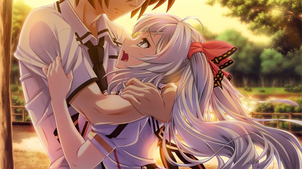 Anime picture 1280x720 with love replica atou rin long hair open mouth blue eyes wide image twintails game cg white hair couple hug girl boy uniform school uniform necktie