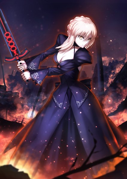 Anime picture 1061x1500 with fate (series) fate/grand order fate/stay night type-moon artoria pendragon (all) saber alter kxxxxxxxxxxx single tall image short hair blonde hair yellow eyes looking away dark background girl dress weapon sword fire shrug (clothing)
