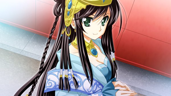 Anime picture 1280x720 with sangoku hime unicorn-a kan'u unchou (sangoku hime) long hair black hair wide image green eyes game cg girl dress hair ornament jewelry