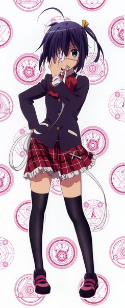 Anime picture 882x2160 with chuunibyou demo koi ga shitai! kyoto animation takanashi rikka single tall image looking at viewer short hair blue eyes holding blue hair ahoge official art zettai ryouiki hand on hip one side up mouth hold plaid skirt girl thighhighs skirt