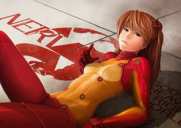 Anime picture 1920x1357 with neon genesis evangelion rebuild of evangelion evangelion: 2.0 you can (not) advance gainax soryu asuka langley okita single long hair highres brown hair lying nerv girl bodysuit pilot suit