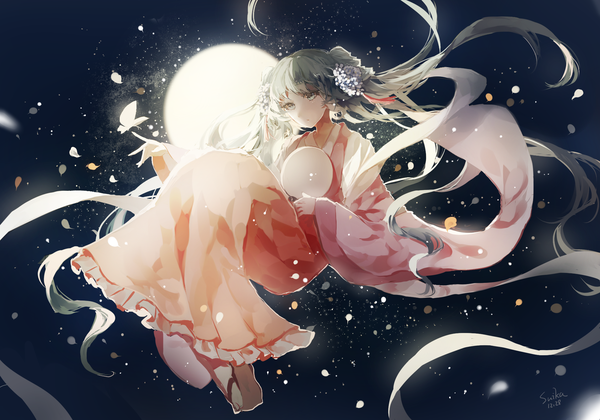 Anime picture 2000x1400 with vocaloid hatsune miku chuushuu meigetsu miku cui (jidanhaidaitang) single fringe highres hair between eyes holding green eyes payot looking away bent knee (knees) long sleeves very long hair traditional clothes head tilt hair flower night wide sleeves