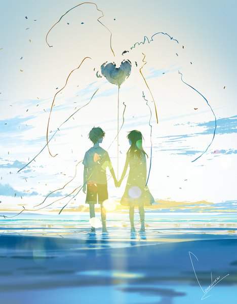 Anime picture 960x1230 with original loundraw long hair tall image short hair black hair standing signed sky cloud (clouds) full body lens flare holding hands girl dress boy water shorts heart