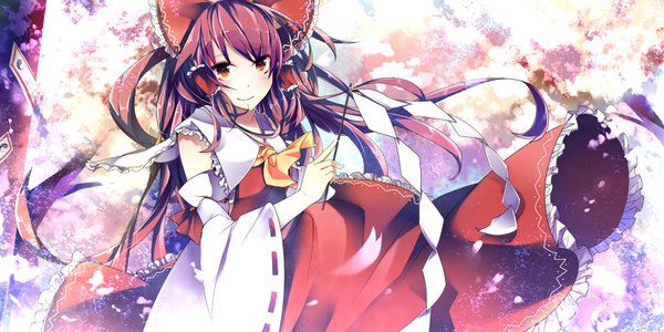 Anime picture 1800x900 with touhou hakurei reimu saden (magumo) single long hair looking at viewer highres red eyes brown hair wide image girl bow plant (plants) hair bow detached sleeves tree (trees) gohei