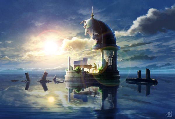 Anime picture 1100x750 with original mocha (cotton) single sitting signed cloud (clouds) lens flare reflection horizon landscape ruins playing instrument music overgrown boy plant (plants) water chair musical instrument sun