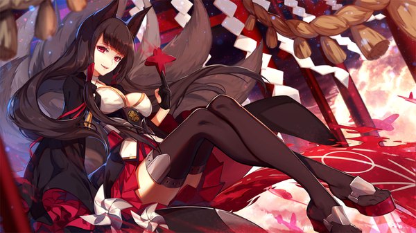 Anime picture 1600x900 with azur lane akagi (azur lane) skade single long hair looking at viewer fringe breasts light erotic black hair smile red eyes wide image animal ears cloud (clouds) bent knee (knees) tail blunt bangs parted lips animal tail