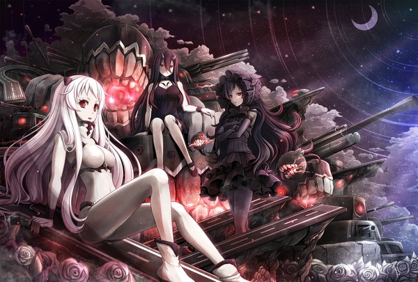 Anime picture 2222x1500 with kantai collection battleship-symbiotic hime airfield hime isolated island hime akashio (loli ace) long hair highres breasts black hair hair between eyes red eyes multiple girls white hair horn (horns) night oni horns crescent shinkaisei-kan girl dress