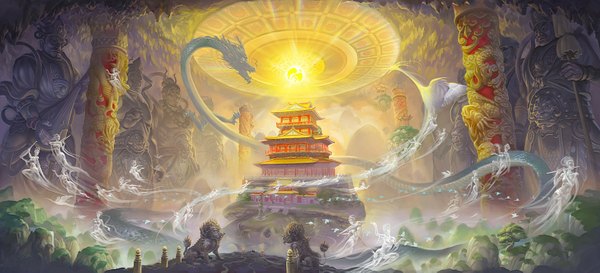 Anime picture 1580x719 with lei sheng (artist) wide image light fantasy ghost architecture east asian architecture plant (plants) animal tree (trees) bird (birds) building (buildings) dragon house pillar column statue