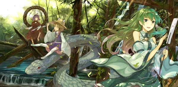 Anime picture 1500x740 with touhou kochiya sanae moriya suwako yasaka kanako mishaguji kazabana fuuka long hair short hair blonde hair wide image multiple girls holding brown eyes green eyes yellow eyes purple hair traditional clothes japanese clothes one eye closed green hair